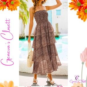 Leopard Strapless Ruffled Maxi Dress